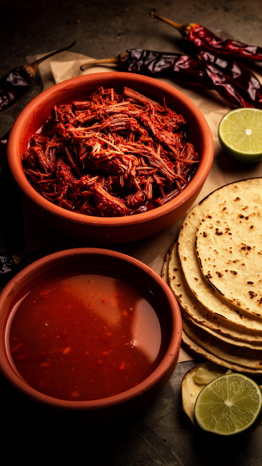 Slow-cooked birria meat, consommé and tortillas